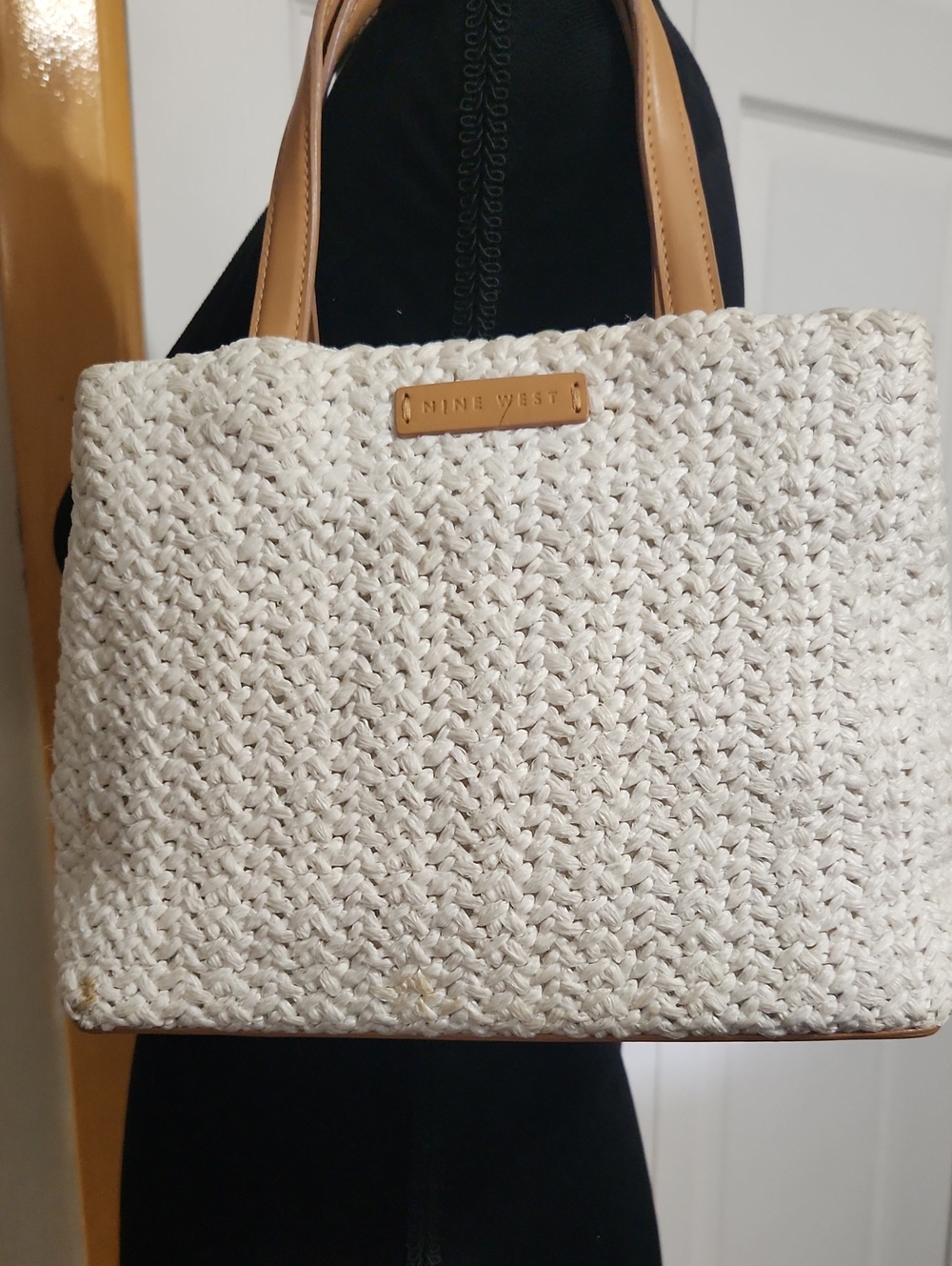 Nine West Cream Woven Tote with Tan Handles